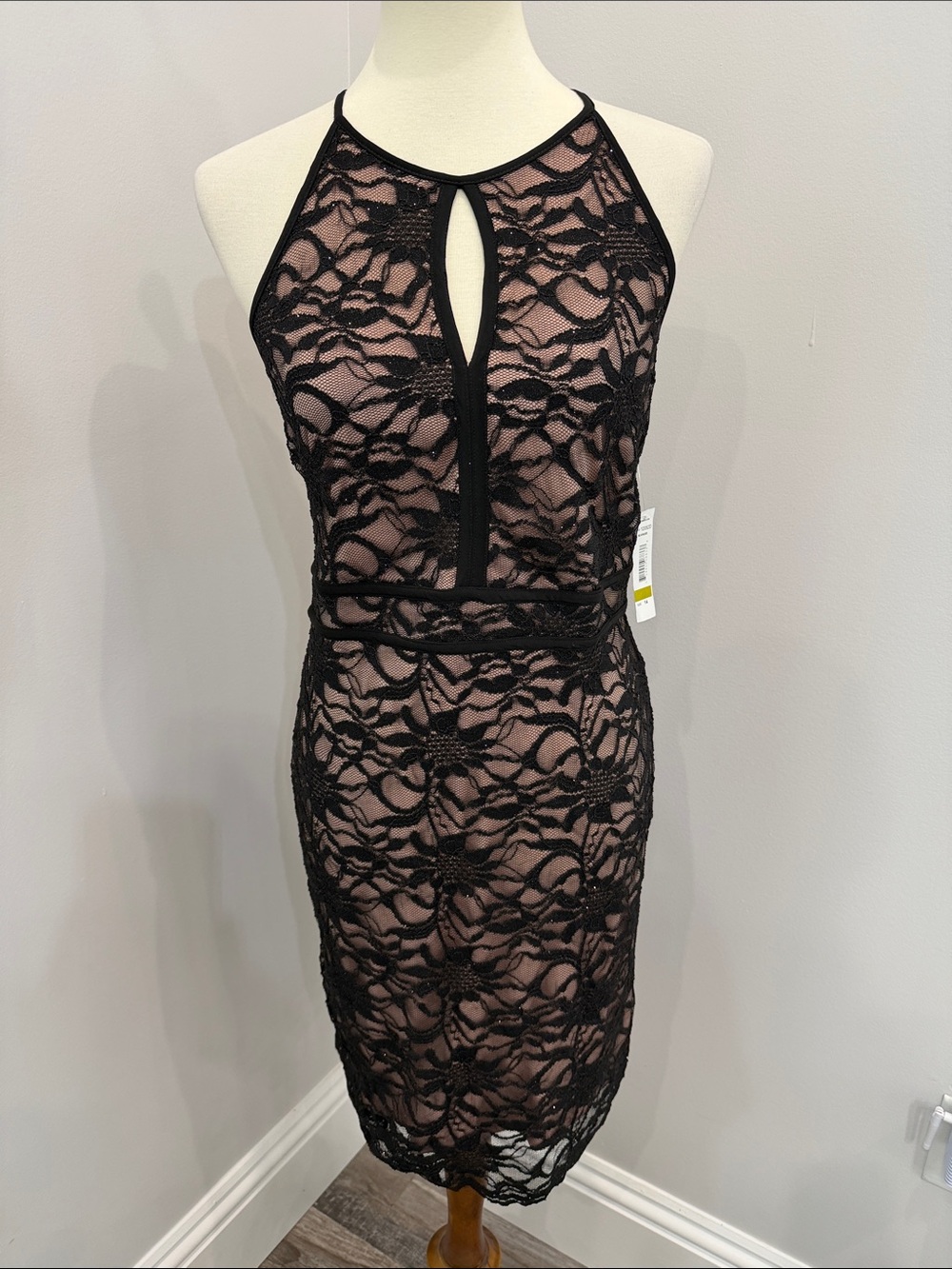 Morgan & Co. Black Lace Midi Dress with Nude Lining